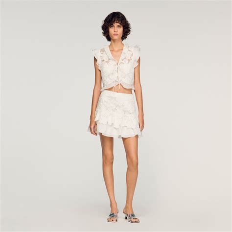 Guipure lace crop top white / beige For Women | Sandro Paris