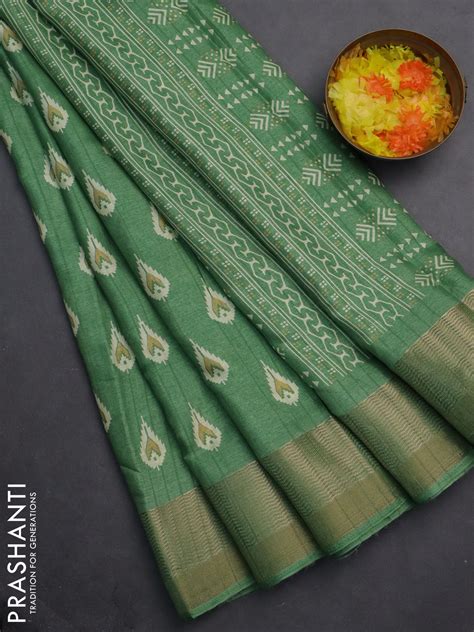 Semi dola saree green with butta prints and zari woven border ...