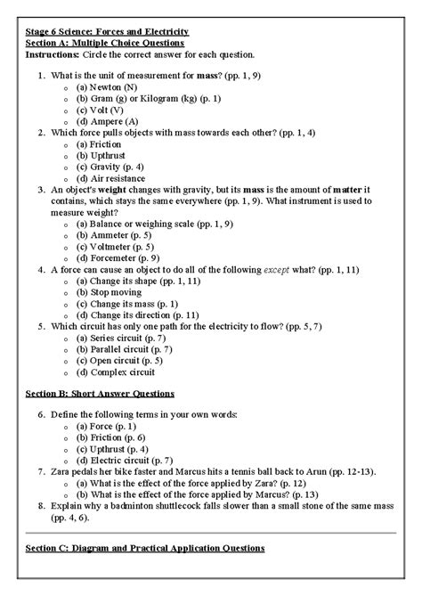 Stage 6 Science: Forces & Electricity MCQ and Short Answer Review - Studocu