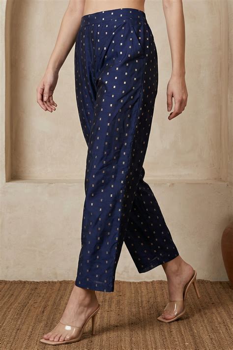 Buy Navy Blue Chanderi Wide Leg Ankle Length Palazzo Pants Online for ...