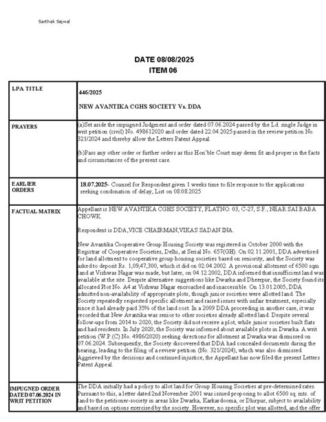 LPA 06: New Avantika CGHS Society vs. DDA - Legal Appeal Summary - Studocu