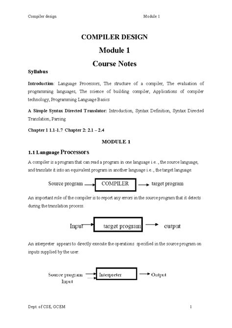 Compiler Design CSE Module 1: Comprehensive Course Notes - Studocu