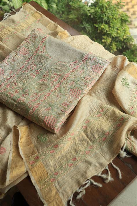 Natural Beige Moonga Silk All Over Chikankari Men’s Kurta Fabric