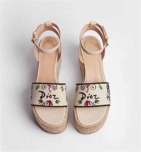 Dioriviera Dway Wedge Slide White Cotton Embroidered with Multicolor ...