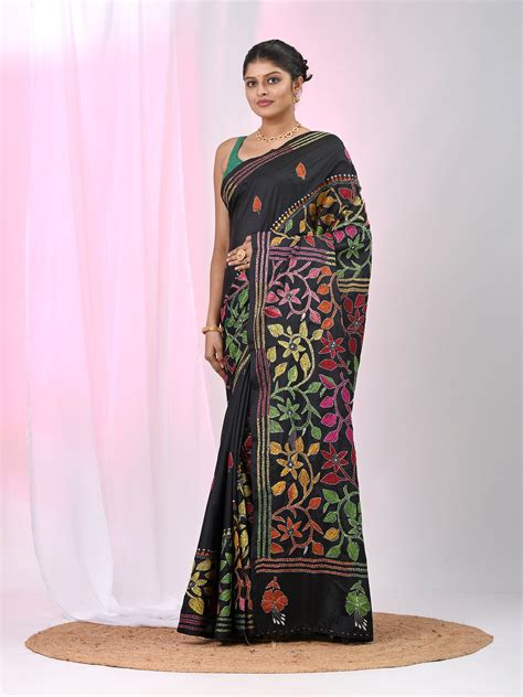 Black Silk Kantha Stitch Saree with Multicolor Thread Work – Charukriti