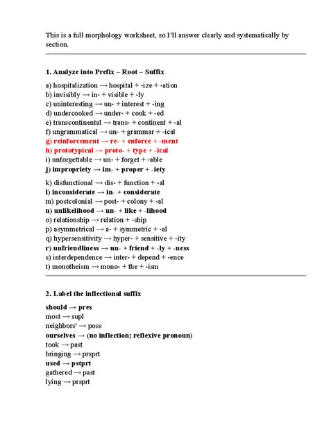 Morphology Worksheet: Prefixes, Roots, and Suffixes Analysis - Studocu