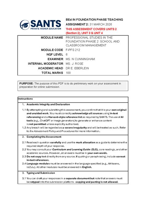 BEd 212: Foundation Phase Teaching Assignment 2 - School & Classroom ...
