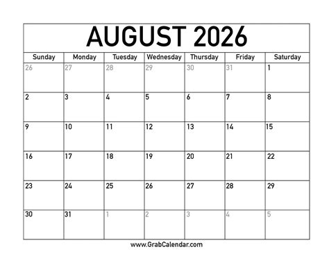 Printable August 2026 Calendar