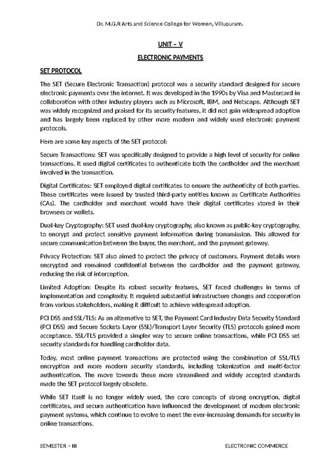 UNIT V: Electronic Payments and SET Protocol in E-Commerce - Studocu