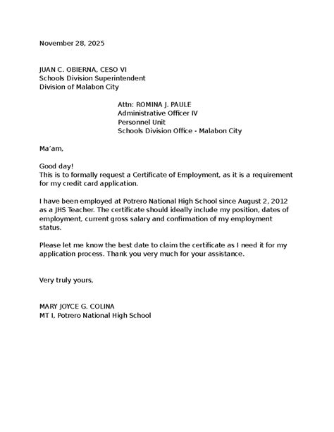 COE Request for Employment - Potrero National High School - Studocu