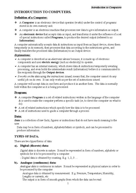 Introduction to Computers: Key Concepts and Definitions - Studocu