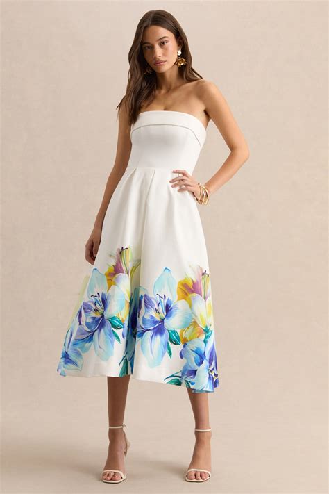 Annalise Blue And Yellow Floral Border Print Bandeau Skater Midi Dre ...