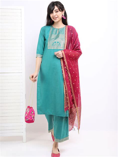 Vishudh Women Sea Green Ethnic Motifs Printed Kurta with Palazzos & Wi ...