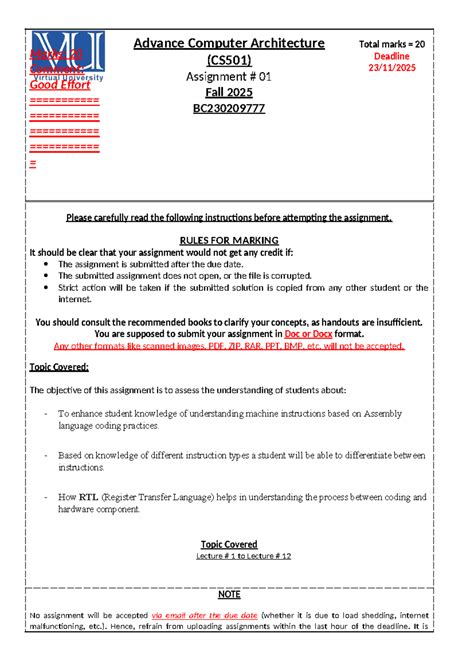 CS501 Assignment 01: Understanding Assembly Language & RTL Concepts ...