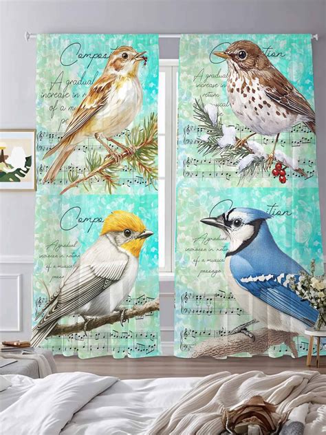 Sheer Curtains 84 Inches Long 2 Panels, Blue Yellow Bird on Vintage ...