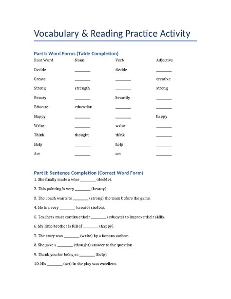 Vocabulary Reading Practice Activity: Word Forms & Sentence Completion ...