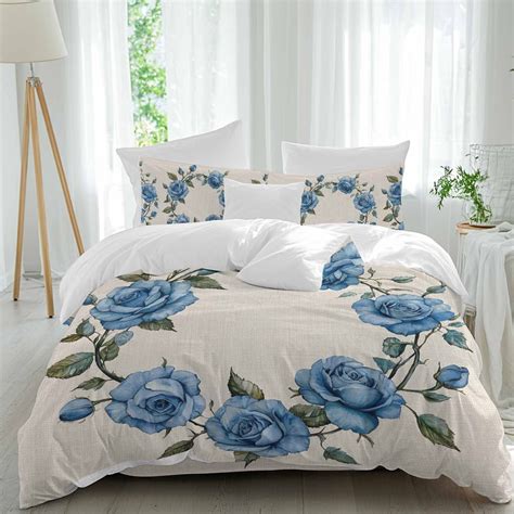 Blue Roses Full Duvet Cover Set, Spring Floral Wreath 4 Piece Microfiber Bedding Set with Zipper ...