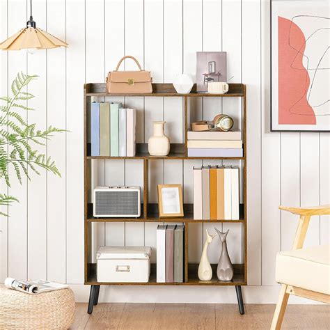 6 Cube Bookshelf, 4 Tier Bookcase with Legs, Mid- Modern Bookshelves ...