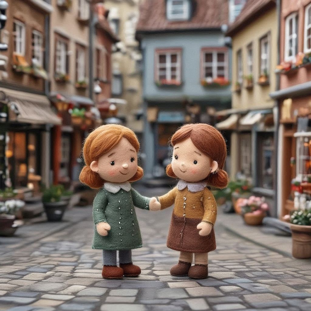 Two female friends made of soft felt stand in a small town center, having a warm, friendly chat. The scene features tiny handcrafted buildings, stitched windows, felt cobblestones, and colorful shopfronts. Their felt hair and clothing have gentle stitched details, and the atmosphere feels cozy and handmade. Soft, even lighting and a calm, welcoming mood define the scene.。第 3 个图像，共 3 个图像