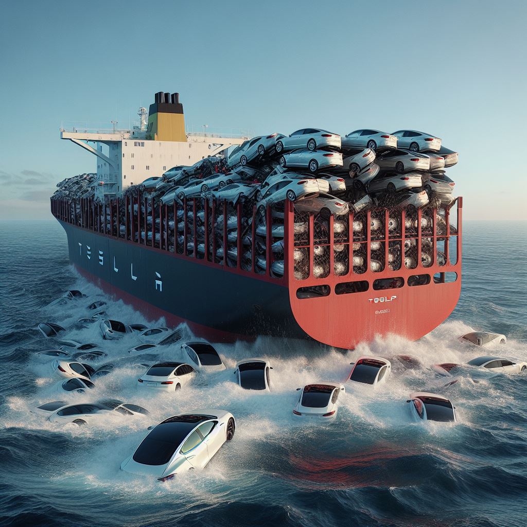 centaines de voitures électriques de la marque TESLA tombés dans la mer d'un cargo de transport