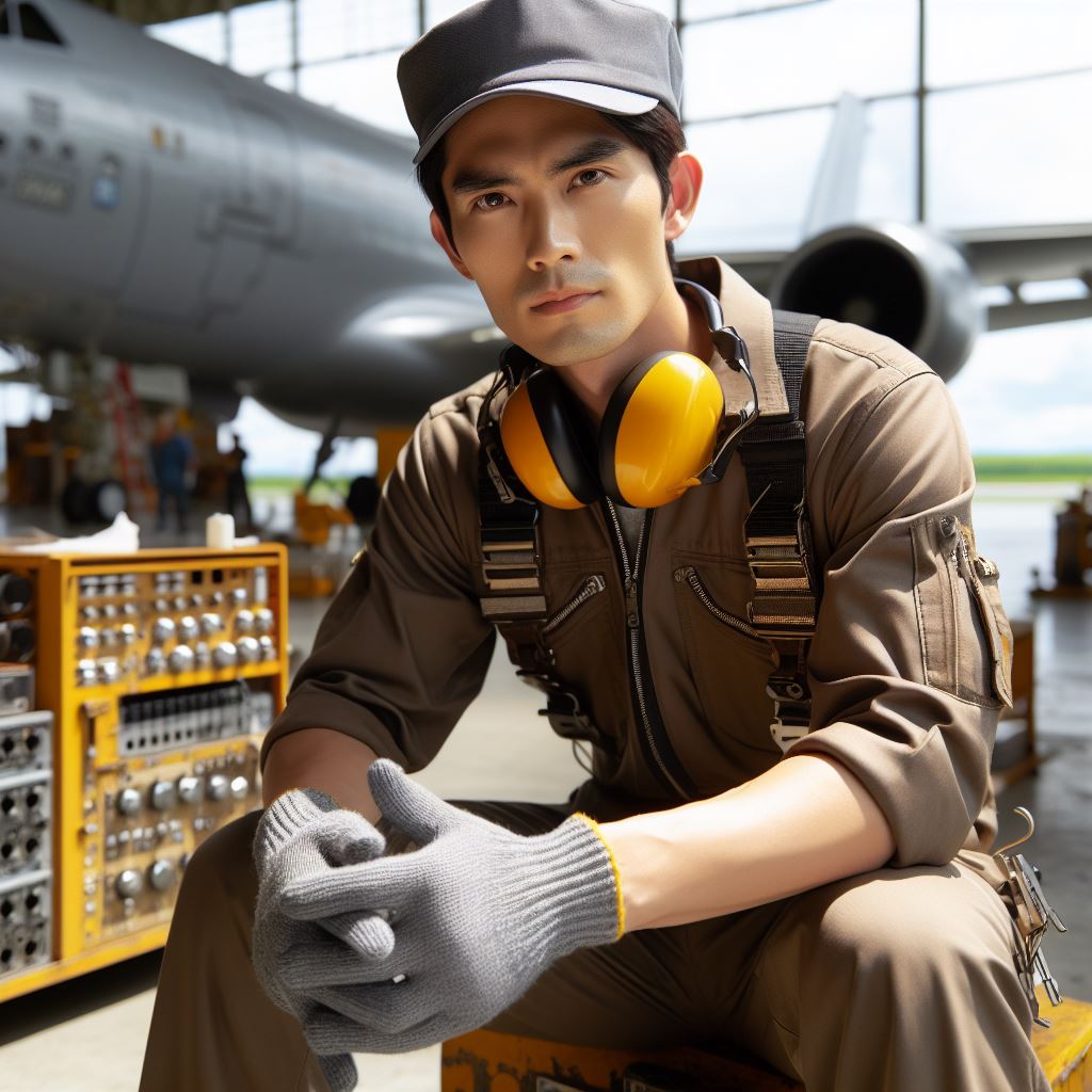 A Japanese male aircraft maintenance engineer in action