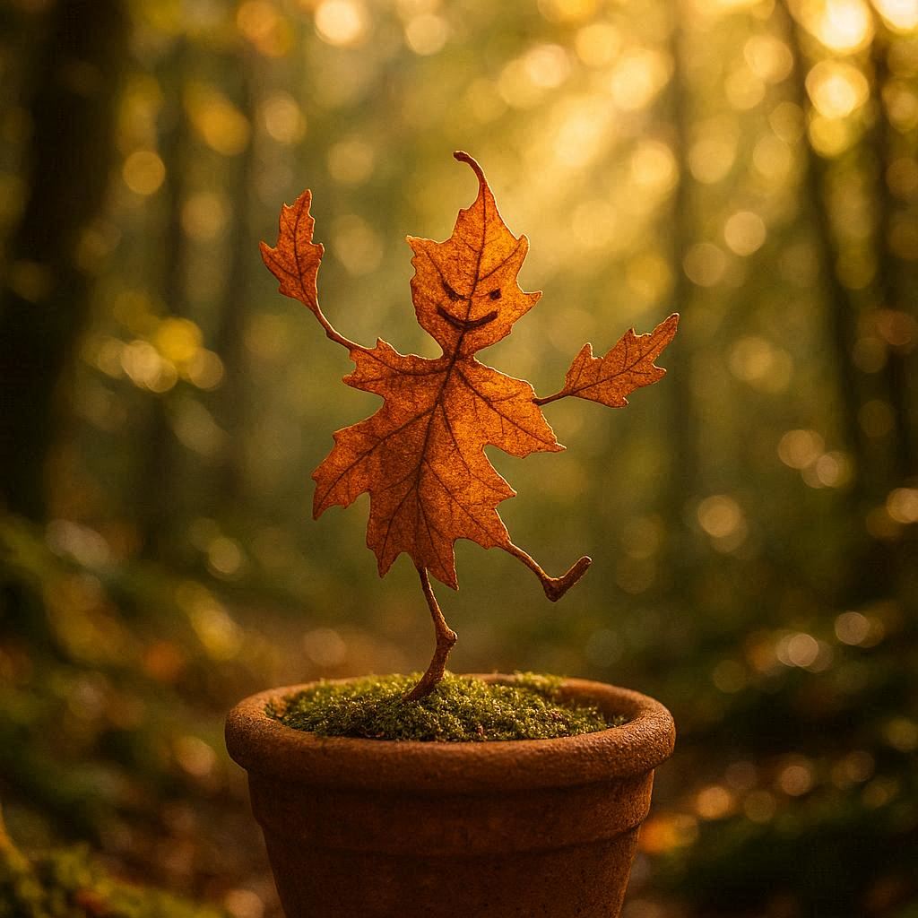 Whimsical miniature figure of autumn leaves, posed in joyful motion on a moss-covered terracotta pot. Set in a vibrant forest at golden hour, with dappled sunbeams and magical shadows. Ethereal tone, warm sienna, umber, olive, golden hues. 4K, hyper-realistic, shallow depth of field, natural bokeh, enchanted forest mood.