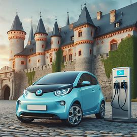une voiture électrique, une borne de recharge devant un château médiéval. Image 1 de 4