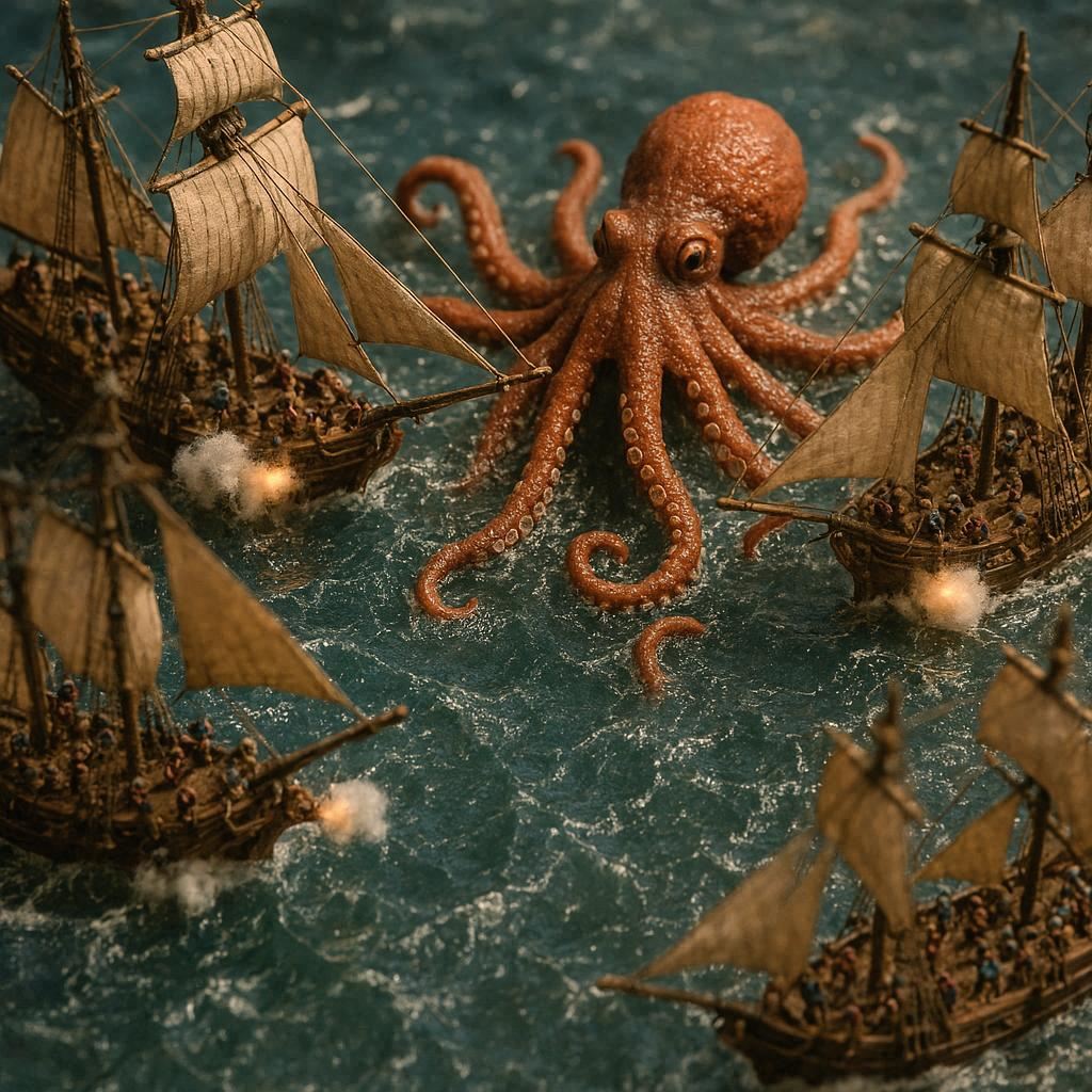 High aerial view - ultra-detailed miniature diorama scene, small realistic figures with intricate textures and clothing, cinematic lighting, shallow depth of field, handcrafted look. The scene is three pirate ships fighting in the ocean, enormous octopus arriving. Realistic scale model style, 8k, high details, natural materials.