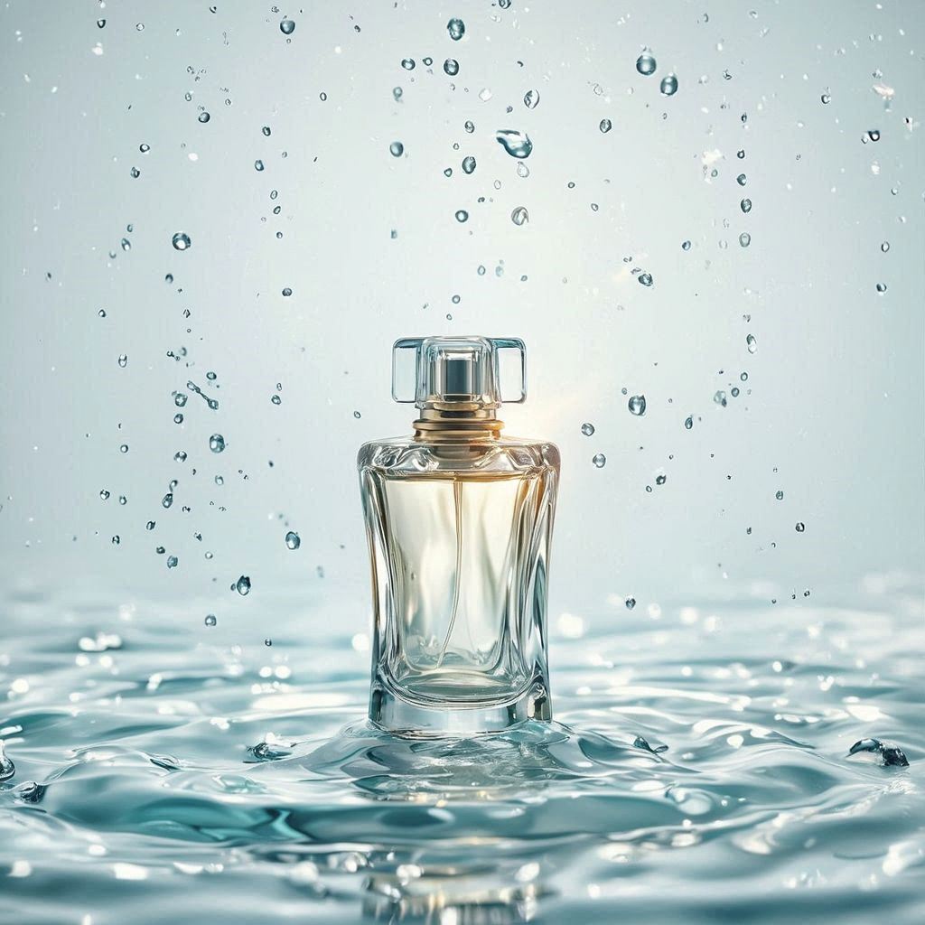 A sculpted glass perfume bottle stands on a glossy, water‑rippled surface catching soft shimmering highlights, with droplets drifting like crystallized mist. Centered against a pale aqua‑to‑white gradient, it’s lit by cool diffused studio light that sharpens the glass edges, while a warm golden beam grazes the bottle. Subtle translucent waves around the base enhance the fresh, pure, high‑end feel in crisp premium photography.. Image 1 of 4