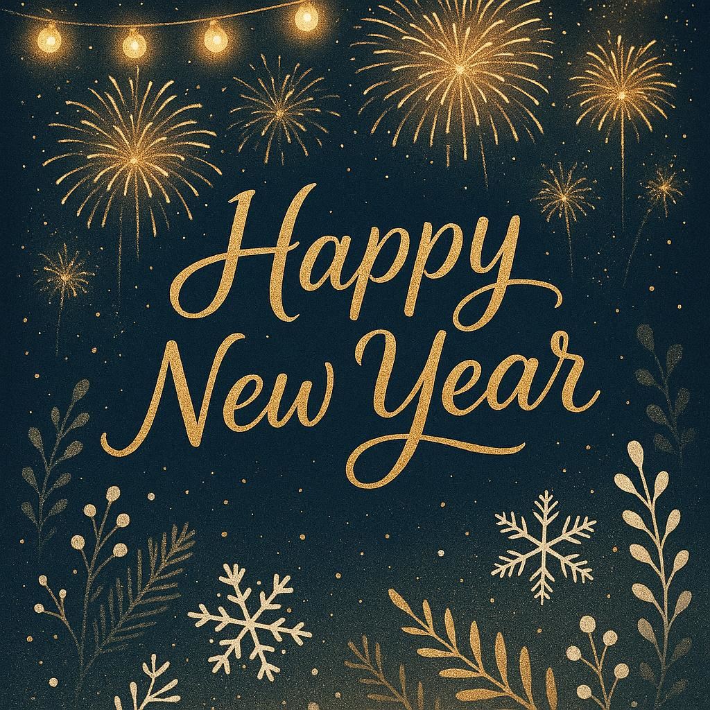 Create a festive New Year holiday card design. Theme: celebrating the arrival of the New Year. Style: elegant and modern illustration. Elements: fireworks in the night sky, warm golden lights, and subtle winter decorations. Color palette: gold, deep blue, white, and soft warm tones. Composition: balanced layout with a clear focal point and empty space for a greeting message. Mood: joyful, hopeful, and celebratory. Quality: high resolution