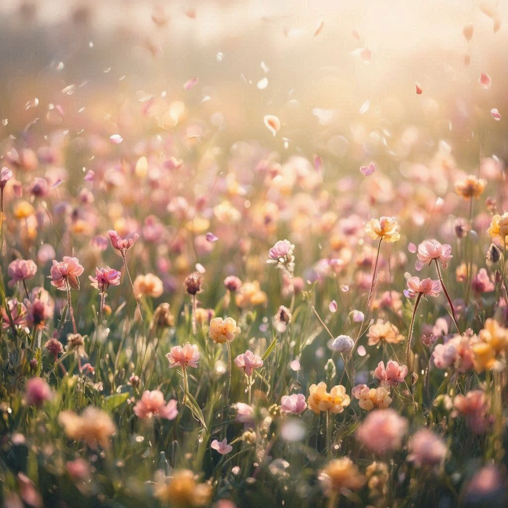 Soft pastel spring meadow filled with blooming wildflowers in pink, peach, and butter‑yellow tones, gentle sunlight diffused through light morning haze, tiny petals drifting in the breeze, shallow depth of field with creamy bokeh, dewy highlights sparkling on grass, serene and airy atmosphere, ultra‑detailed florals, soft motion in leaves and petals, high‑quality photographic style with a peaceful, uplifting spring mood.。第 4 个图像，共 4 个图像
