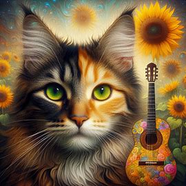 Transform the image of a cat with a mix of dark and light fur, green eyes, and ears pointed upwards into an ethereal hyperrealistic version, incorporating a background filled with vibrant sunflowers and adding a classical guitar rendered in the surreal style of Frida Kahlo.. Image 4 of 4