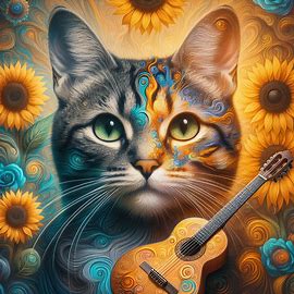 Transform the image of a cat with a mix of dark and light fur, green eyes, and ears pointed upwards into an ethereal hyperrealistic version, incorporating a background filled with vibrant sunflowers and adding a classical guitar rendered in the surreal style of Frida Kahlo.. Image 1 of 4
