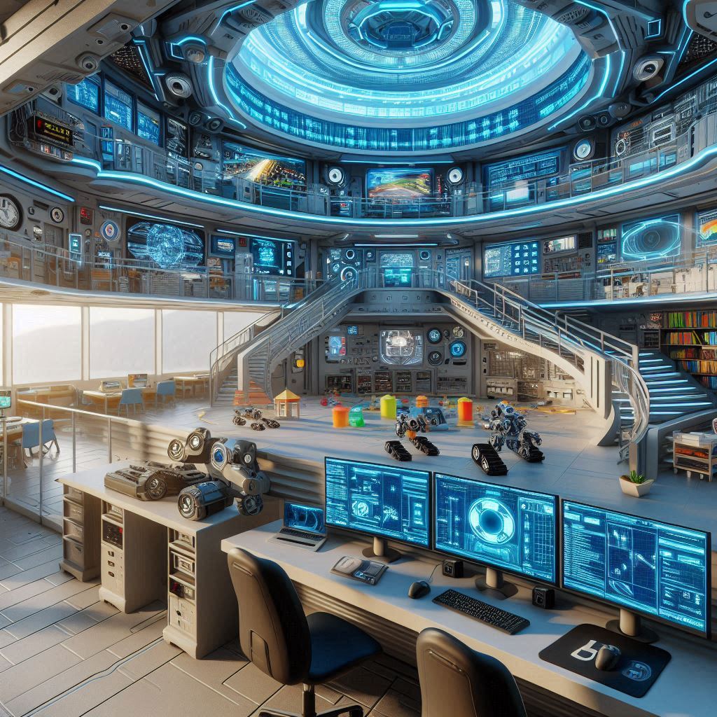 hyper-realistic image of a computer lab inside a shape-shifter house, featuring a computer lab, a robot racing area, an eating space, and school sections