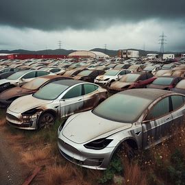 un cimetière de vieilles voitures électriques hors service de marque TESLA. Image 1 de 4