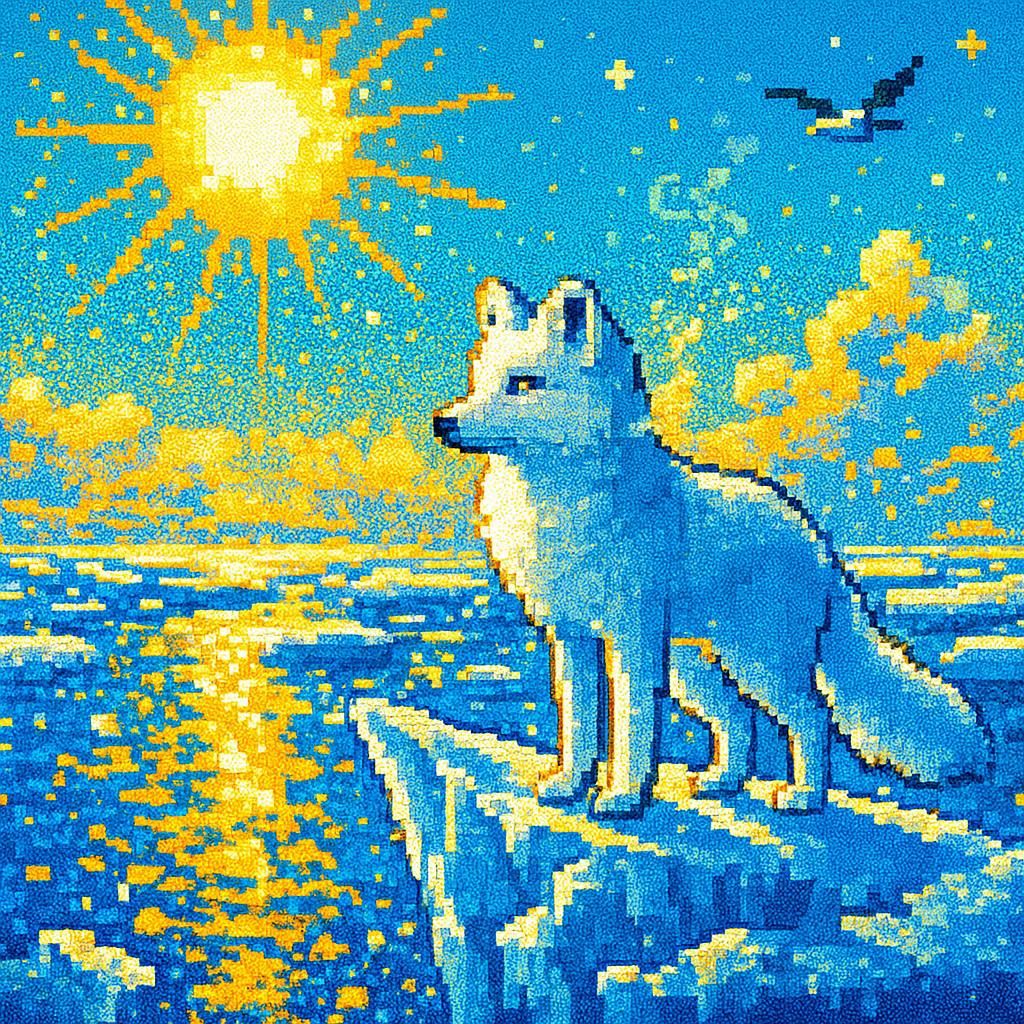 Amid drifting Arctic ice, an Arctic fox stands poised on a jagged floe, ears pricked toward a distant seabird’s cry, its pristine white coat blazing under the bright midday sun. Golden light sparkles across the ice, breath curling in the crisp air above the shimmering, sunlit sea, with enhanced vivid colors and high brightness. Pixel Art Style.
