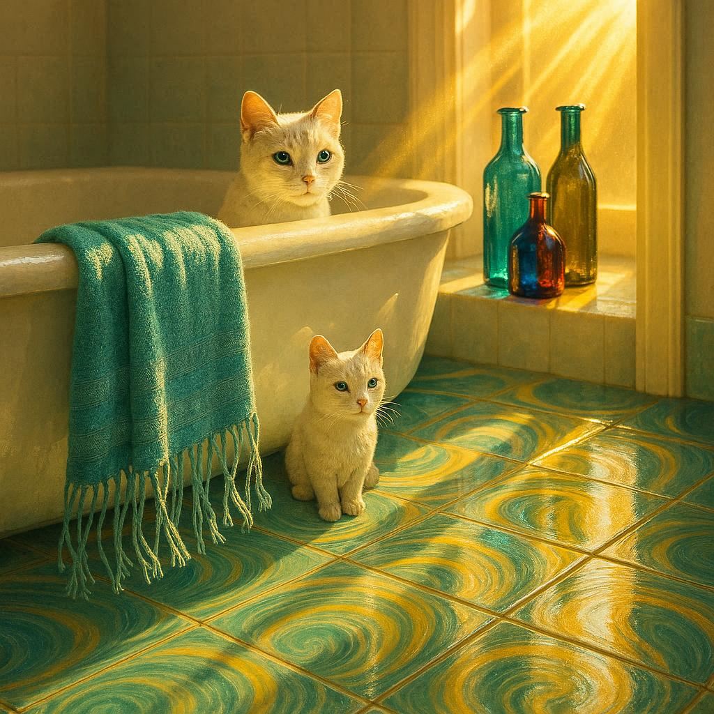 From the doorway, bright sunlight streams in, casting golden arcs across glossy yellow teal swirled tiles. A finely detailed porcelain cat figurine peers from the tub’s edge beside three jewel toned glass bottles glowing vividly in the beam. The towel’s delicate fringe flutters like sea grass in a gentle breeze, with crisp, vibrant colors and enhanced clarity, photorealistic.