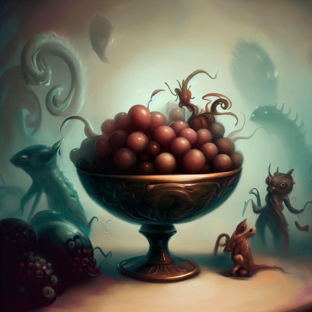 Paint a still life of a bowl of grapes surrounded by mysterious creatures.