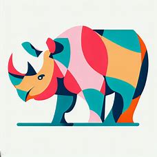 Illustrate an abstract representation of a rhino, with bold, bright colors and geometric shapes.