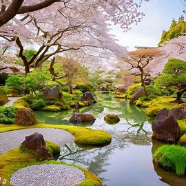 A serene and tranquil Japanese rock garden surrounded by elegant cherry blossom trees. Image 1 of 4
