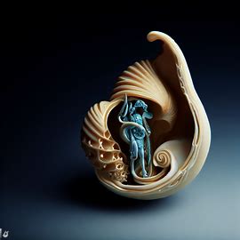 Incorporate a fantastical twist on a traditional seashell, with smooth curves and an intricate, intricate figurine appearing out of its opened center" intact-formed in its essence.. Image 3 of 4