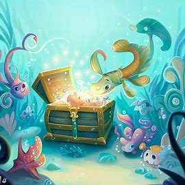 Illustrate a whimsical underwater scene with playful sea creatures and a treasure chest filled with glittering gems.. Image 1 of 4