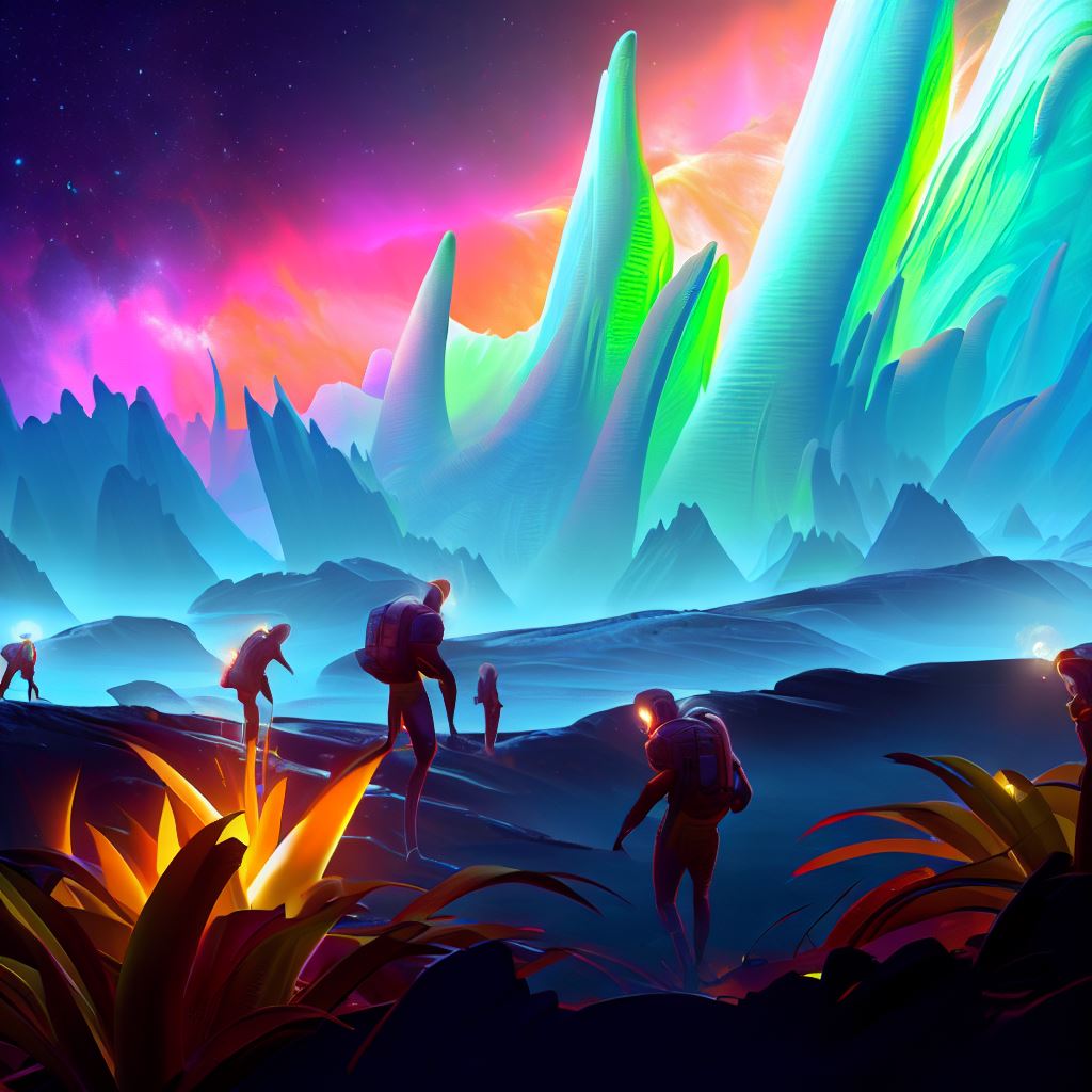 Depict a group of aliens exploring a distant planet with glowing mountains and vibrant plants.