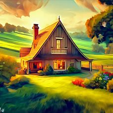 Create a stunning 3D illustration of a warm and inviting farmhouse surrounded by lush green fields and rolling hills.