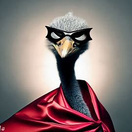 Visualize an ostrich dressed up as a superhero, complete with a cape and mask.. Image 3 of 4