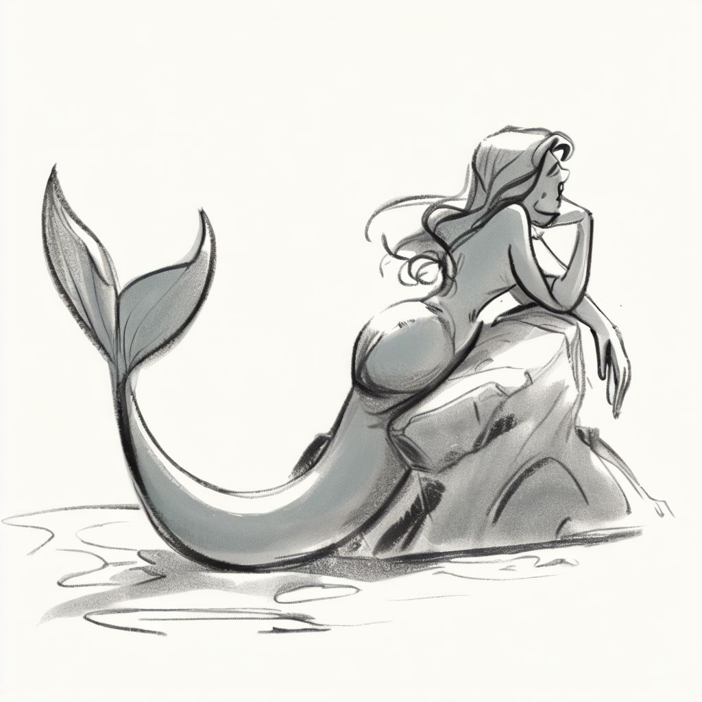 Draw a mermaid lounging on a rock, watching a human swim by
