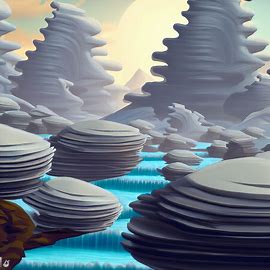Illustrate a surreal, fantastical landscape filled with towering stacks of silver dollar pancakes shaped like mountains, rivers and waterfalls.. Image 3 of 4