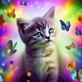 Create an image of a kitten surrounded by a rainbow of butterflies. Image 2 of 4