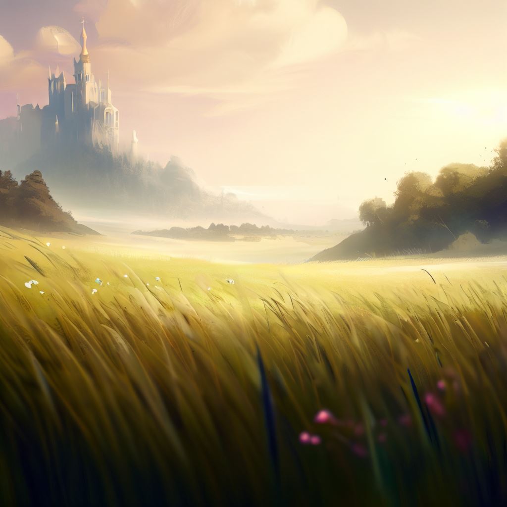 Create a beautiful and serene grassland scene with a magical castle in the distance.