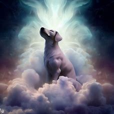 Create an ethereal portrait of a dog sitting on a celestial throne made of clouds.